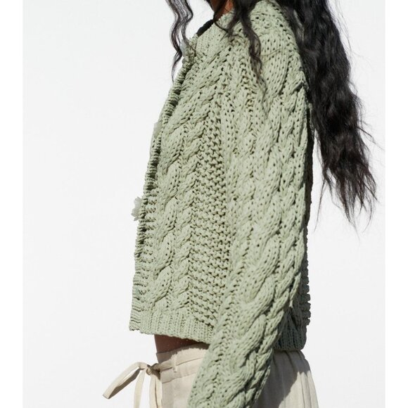 Zara Women Knit Sweater Cardigan Chunky S Small Green flower button 3920/237 NWT - Picture 4 of 16